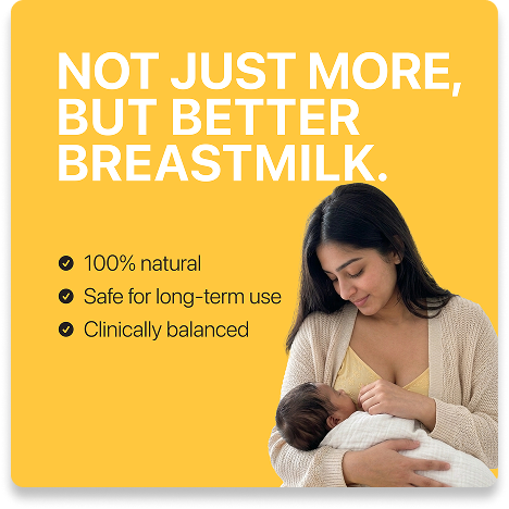 A promotional graphic with a bright yellow background and large white text reading 'NOT JUST MORE, BUT BETTER BREASTMILK.' Bullet points on the left say '100% natural,' 'Safe for long-term use,' and 'Clinically balanced.