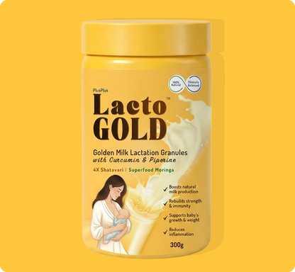 A yellow plastic jar of PlusPlus Lacto Gold Golden Milk Lactation Granules with Carcmine & Piperine, set against a solid yellow background.