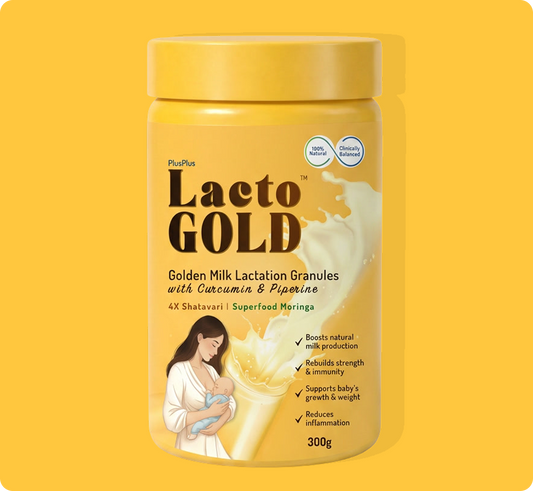 A yellow plastic jar of PlusPlus Lacto Gold Golden Milk Lactation Granules with Carcmine & Piperine, set against a solid yellow background.