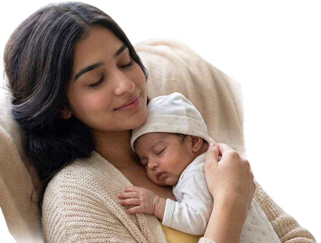 A woman with dark hair rests her head on a sleeping newborn baby wearing a white outfit and a light beige dotted hat, while holding the baby with one hand. The woman wears a beige knit cardigan, and they are seated against a soft beige cushion against a white background.