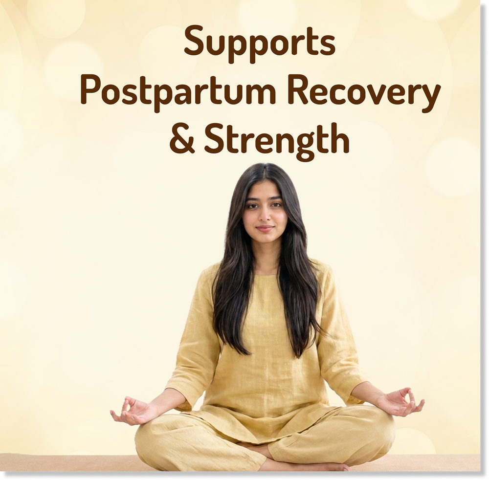 Woman in a yellow outfit meditating with text 'Supports Postpartum Recovery & Strength' on a beige background