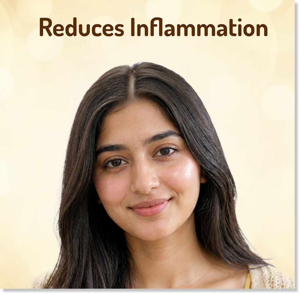 Woman with text 'Reduces Inflammation' on a beige background